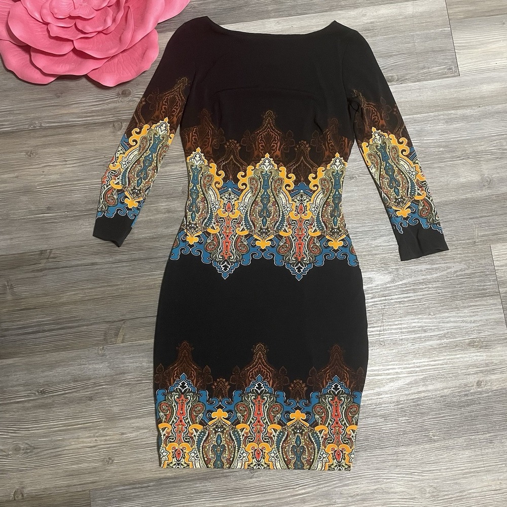 VTG Y2K CACHE Bodycon Dress Stretch Sz XS Black/Multi Printed Paisley Party
